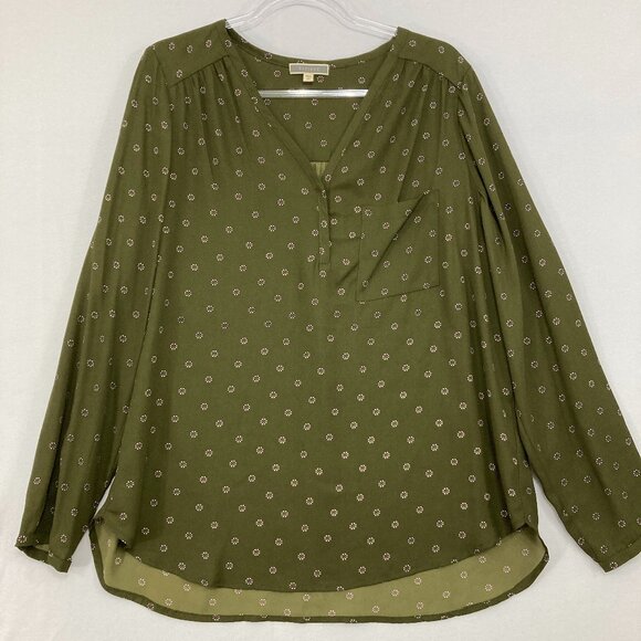 Pleione size XL Green Polka Dot V Neck Long Sleeve Popover Blouse Office - Picture 1 of 11